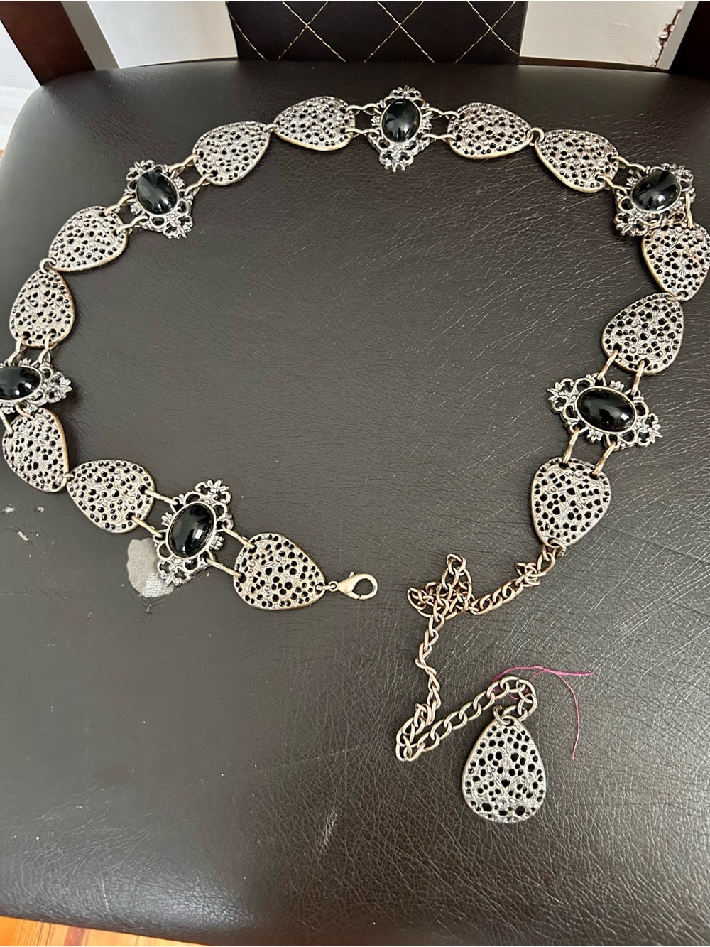 Vintage silver chain belt with black stones